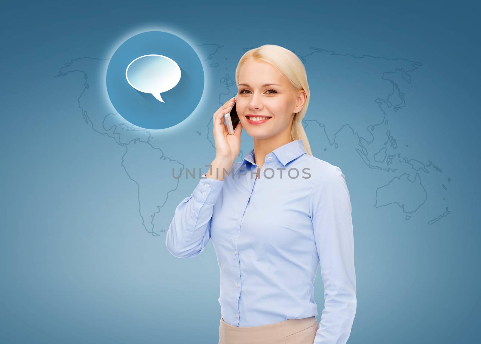 business, technology and internet concept - businesswoman with smartphone over blue background