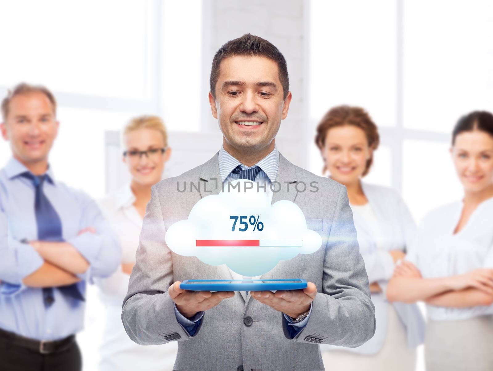 business, people, cloud computing and technology concept - happy smiling businessman in suit holding tablet pc computer transferring data over team