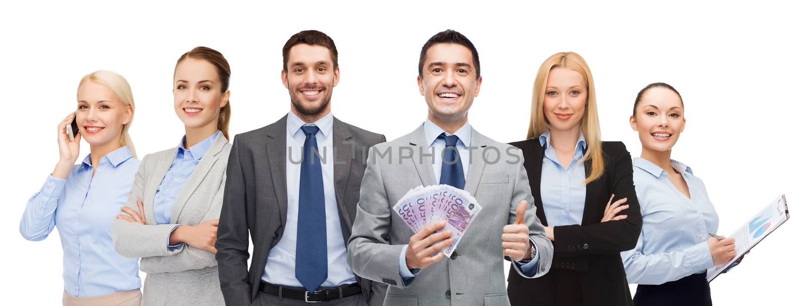 business, people and finances concept - group of smiling businessman with american dollar money