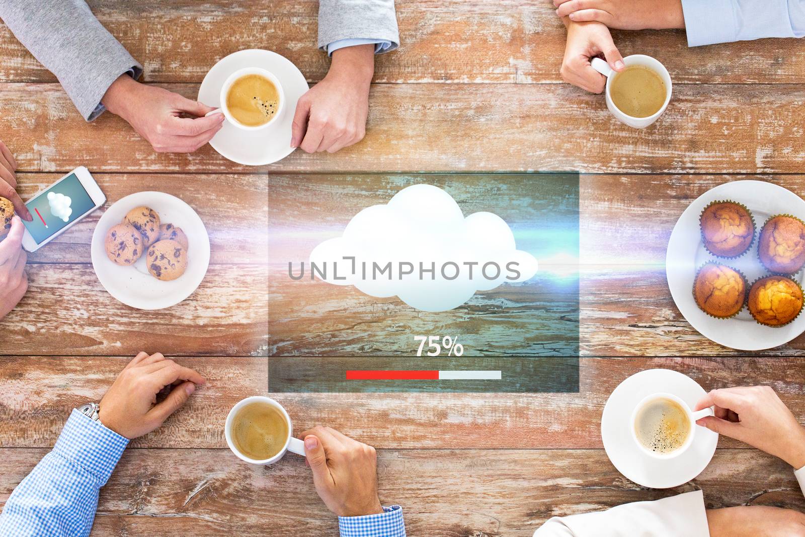 close up of business team drinking coffee on lunch by dolgachov