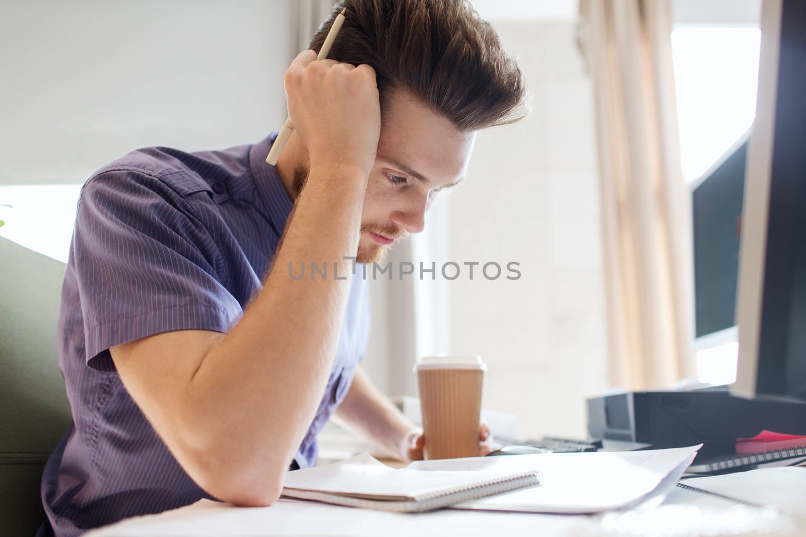 business, startup and people concept - businessman or creative male office worker drinking coffee and thinking