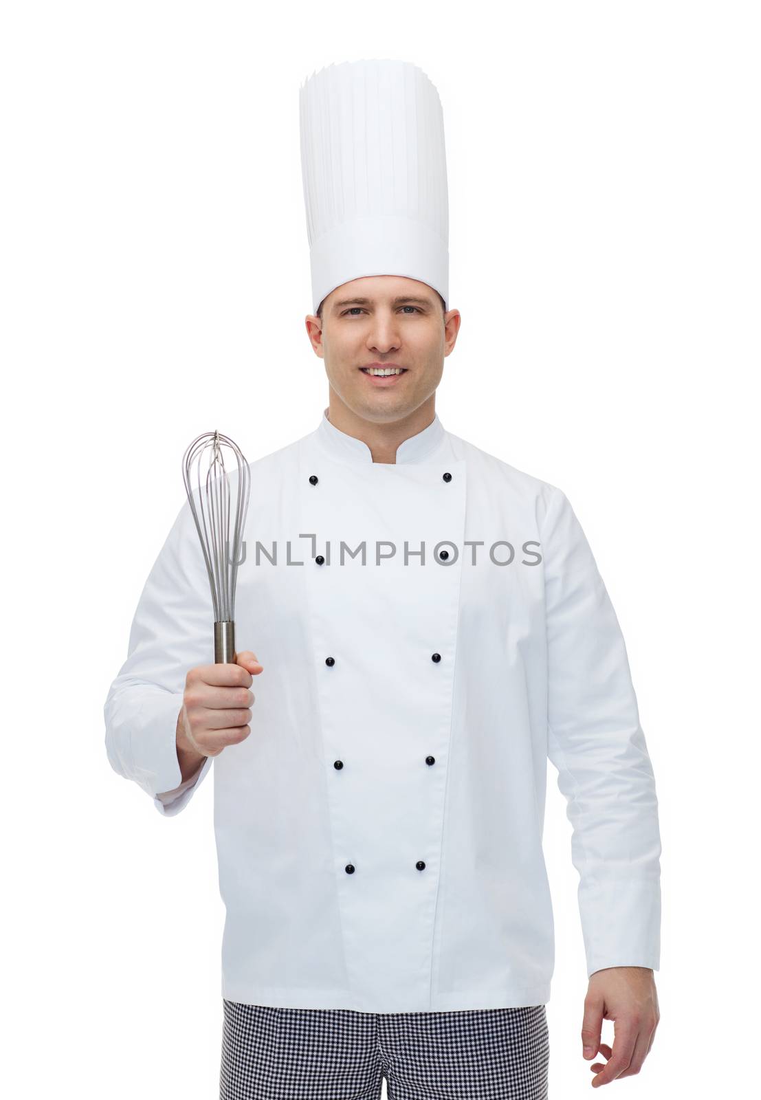happy male chef cook with whisk by dolgachov