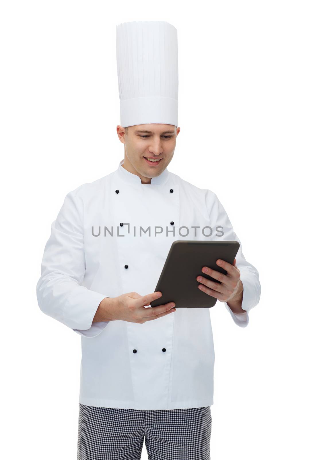 cooking, profession and people concept - happy male chef cook holding tablet pc computer