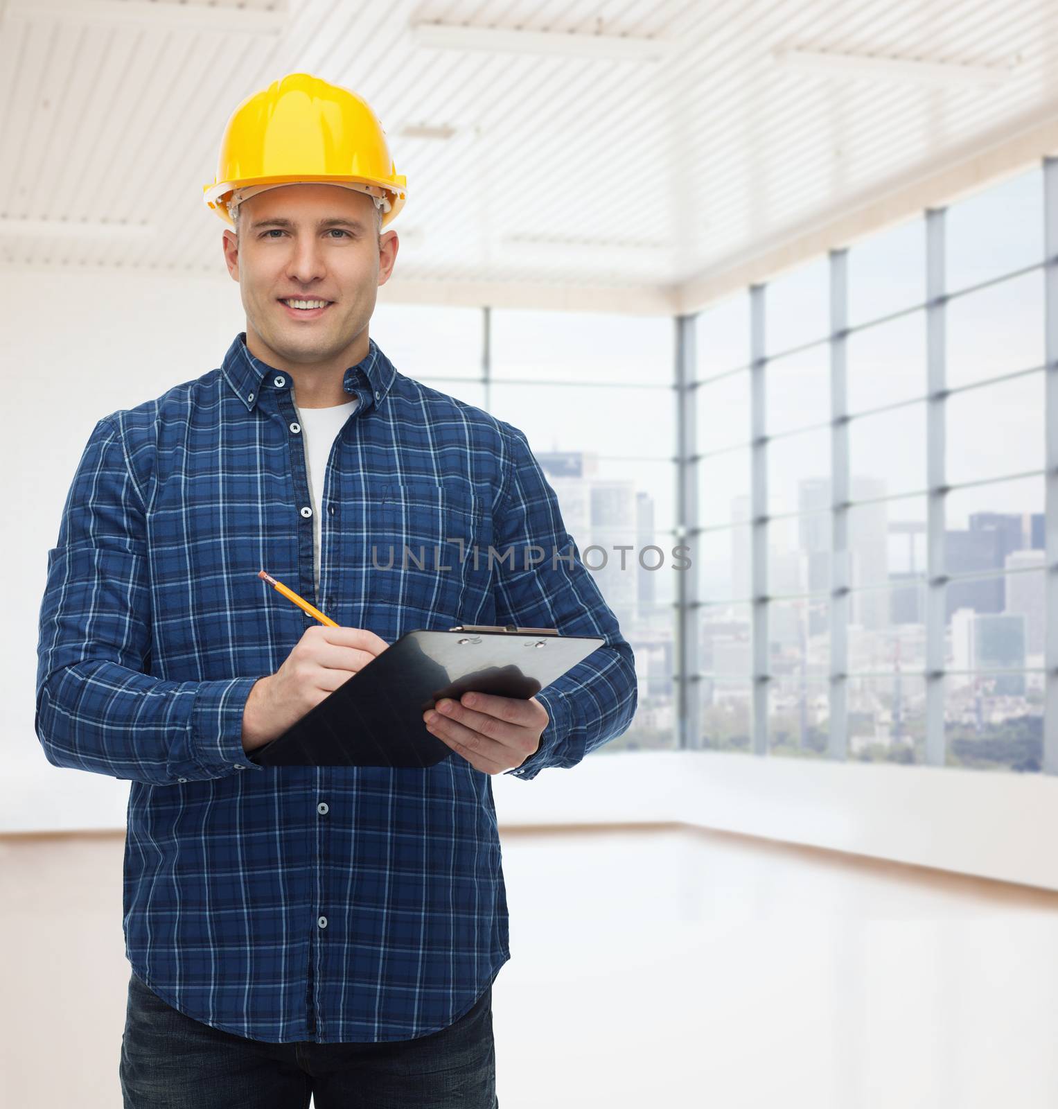 repair, construction, building, people and maintenance concept - smiling male builder or manual worker in helmet with clipboard taking notes over empty flat background