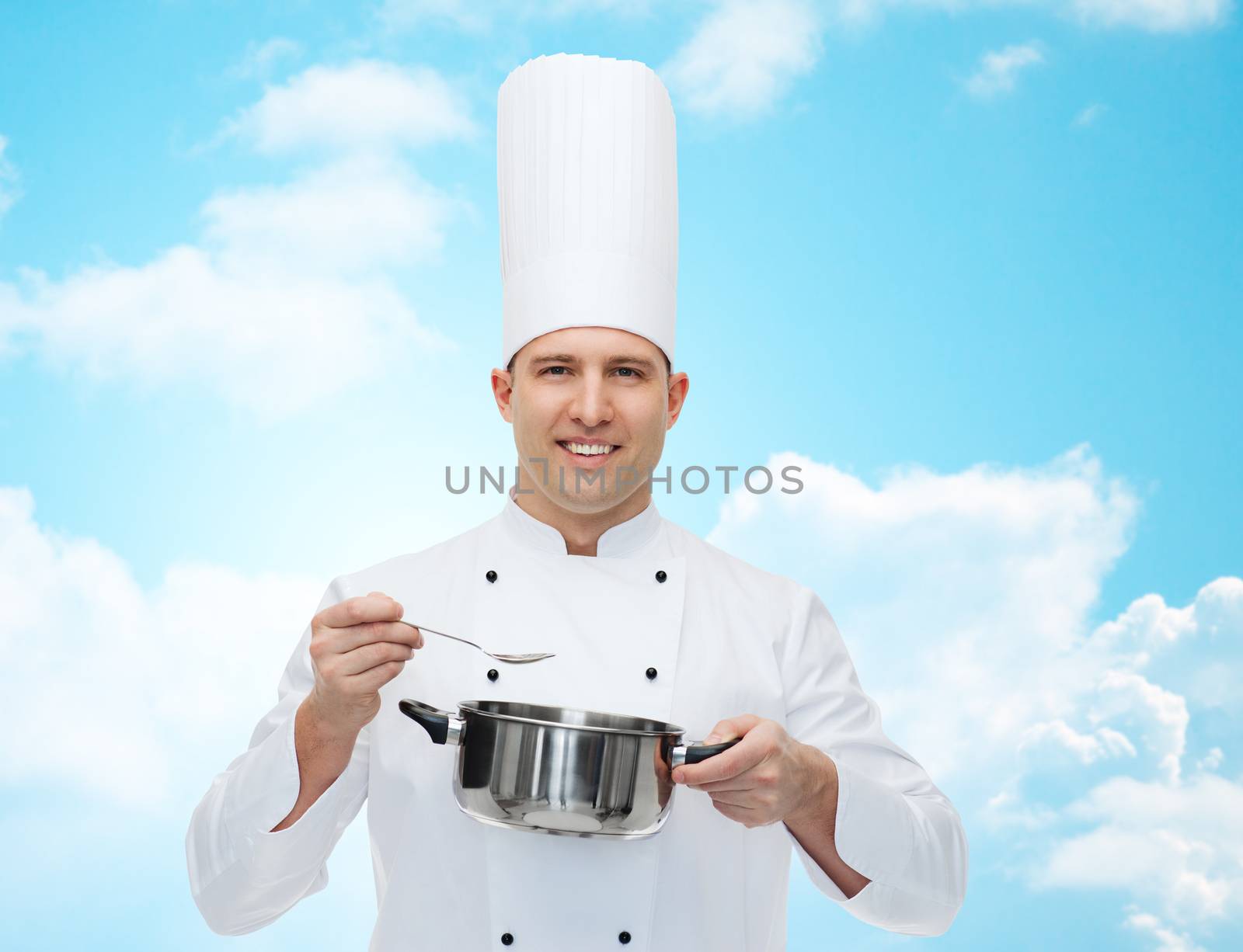 happy male chef cook with pot and spoon by dolgachov