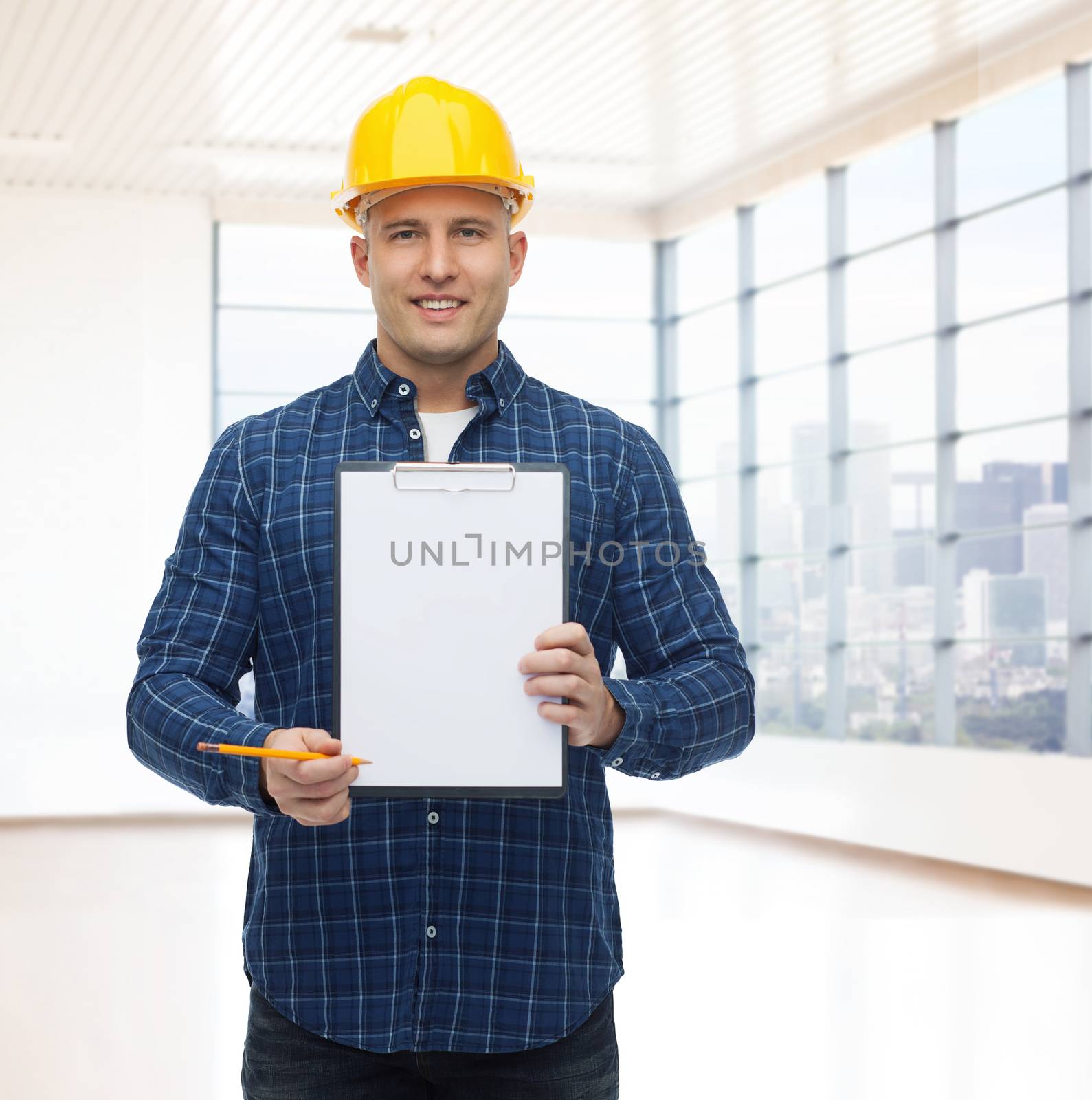 repair, construction, building, people and maintenance concept - smiling male builder or manual worker in helmet showing blank paper on clipboard over empty flat background