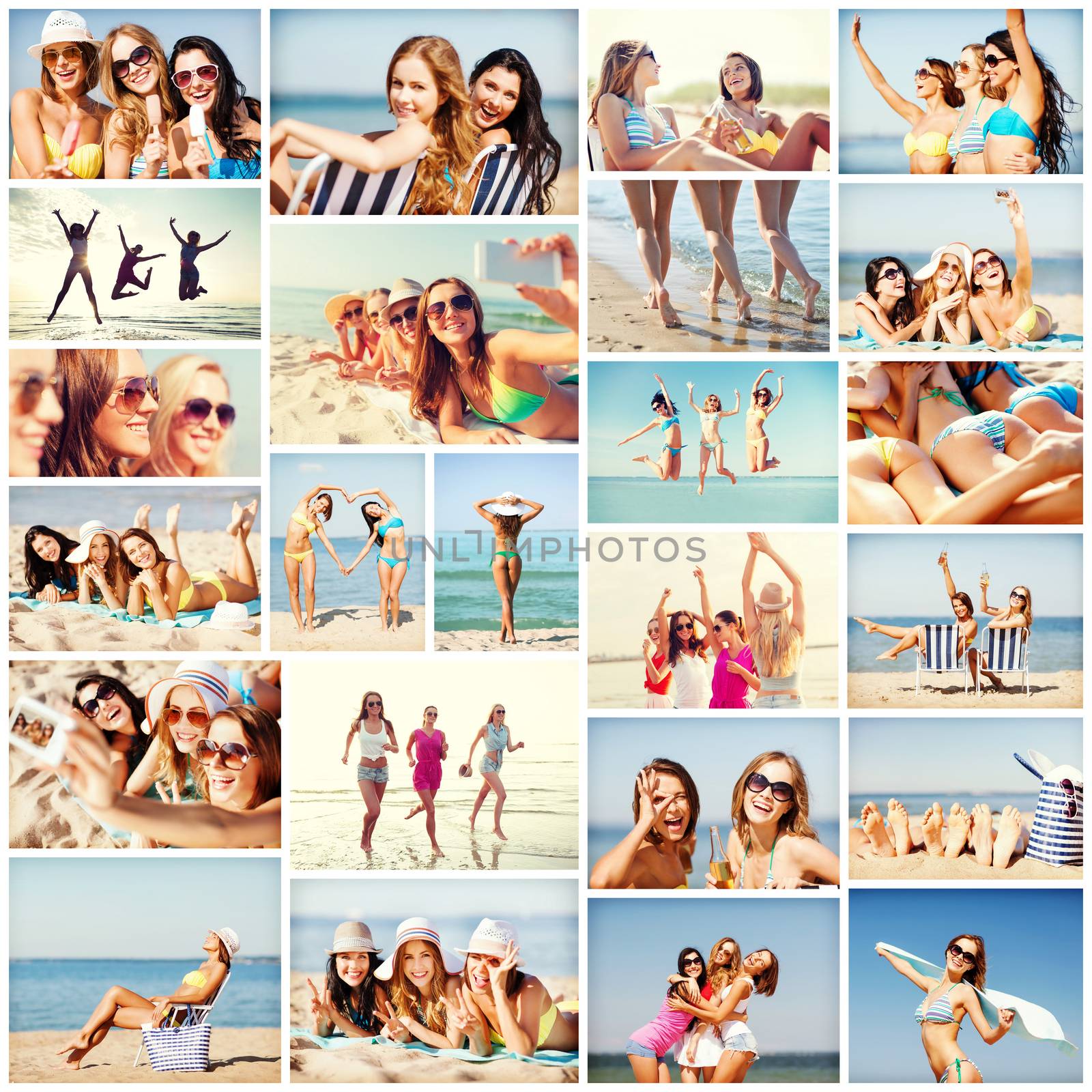 summer holidays and vacation concept - collage of many pictures with pretty girls having fun on the beach and taking selfie