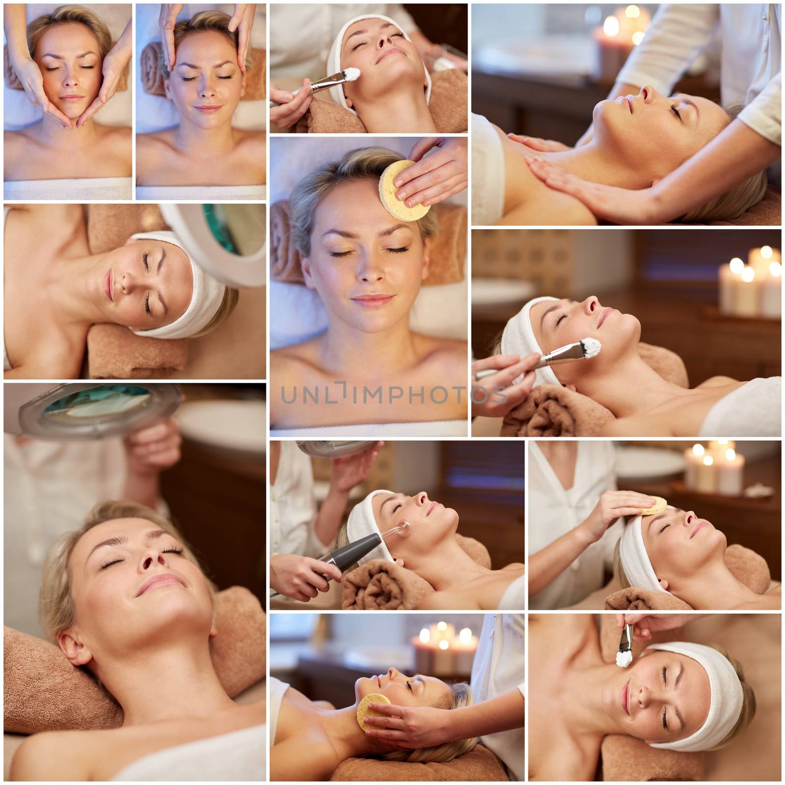 beauty, healthy lifestyle and relaxation concept - collage of many pictures with beautiful young woman having facial massage and treatments by cosmetologist at spa salon