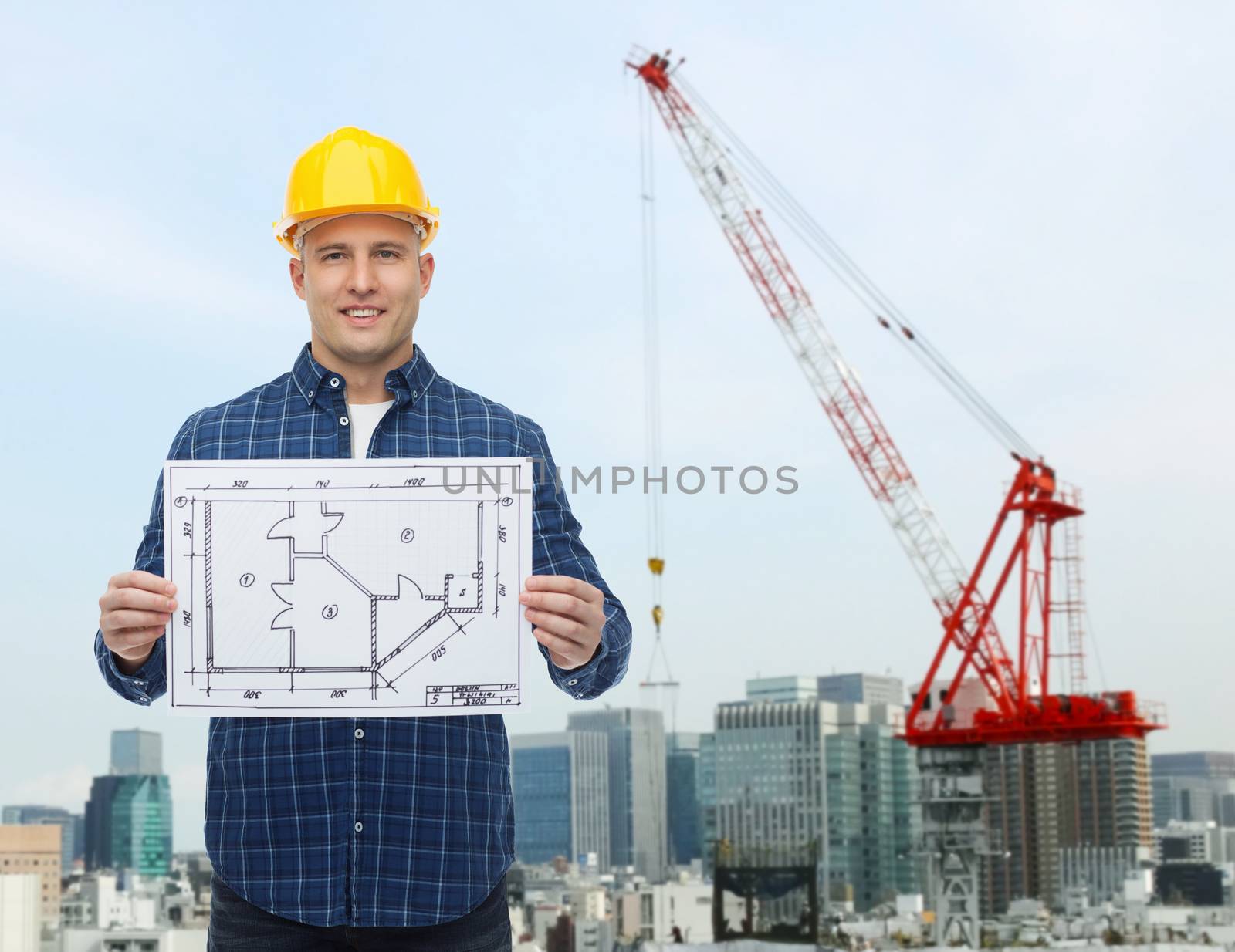 repair, construction, building, people and maintenance concept - smiling male builder or manual worker in helmet with blueprint over city construction site background
