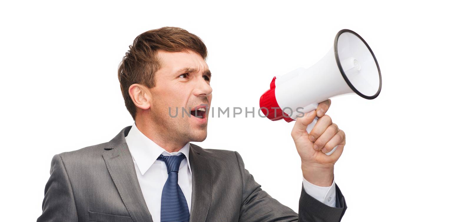 business, communication, hiring, searching, public announcement, office concept - buisnessman with bullhorn or megaphone