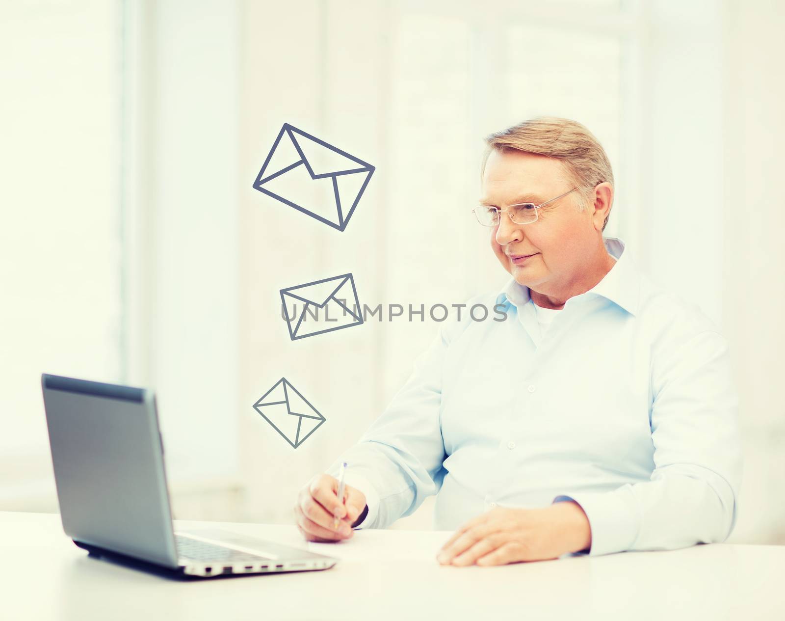 business, tax, office, school and education concept - old man in eyeglasses filling a form at home