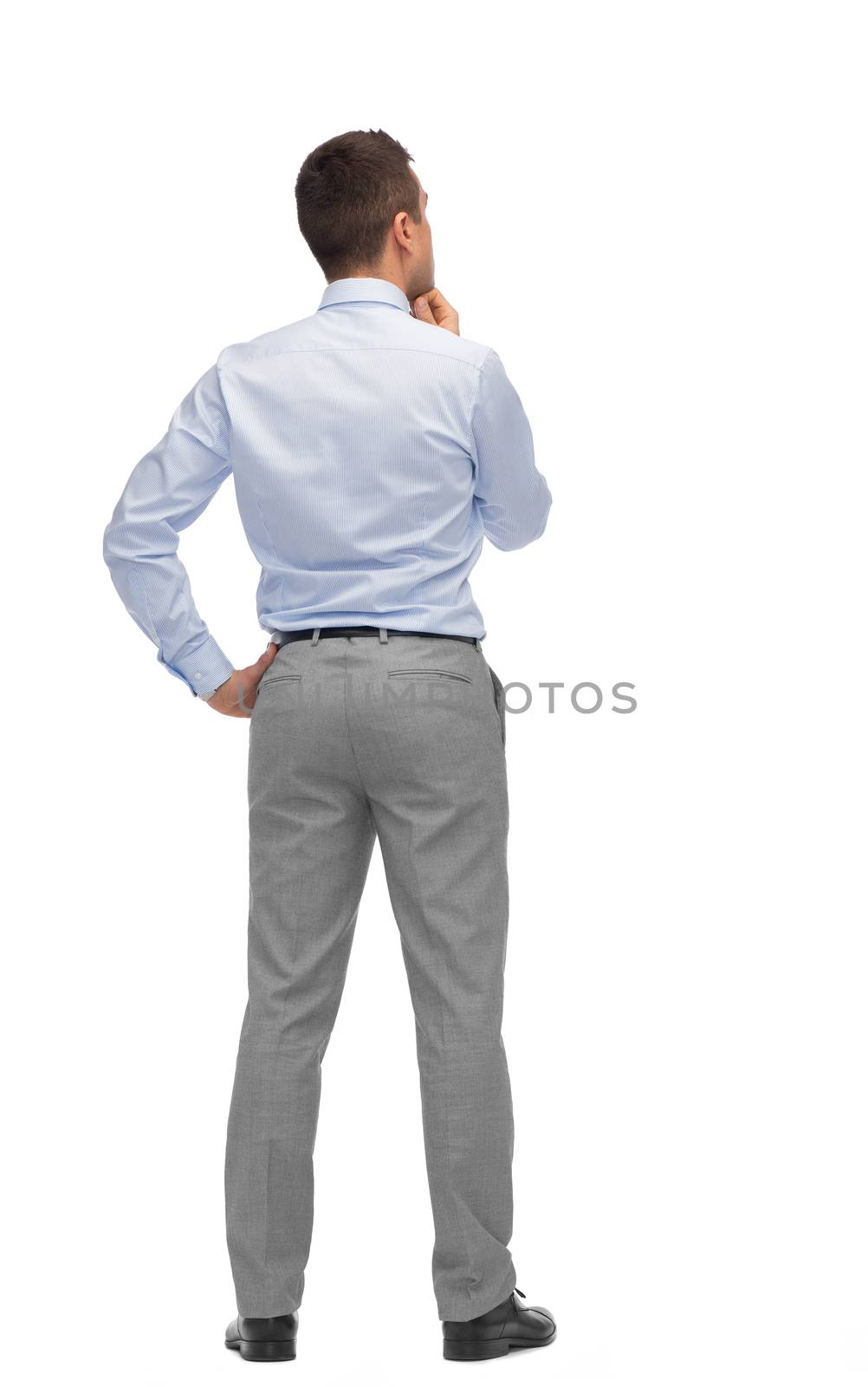 business, people, dilemma, rear view and office concept - businessman thinking from back