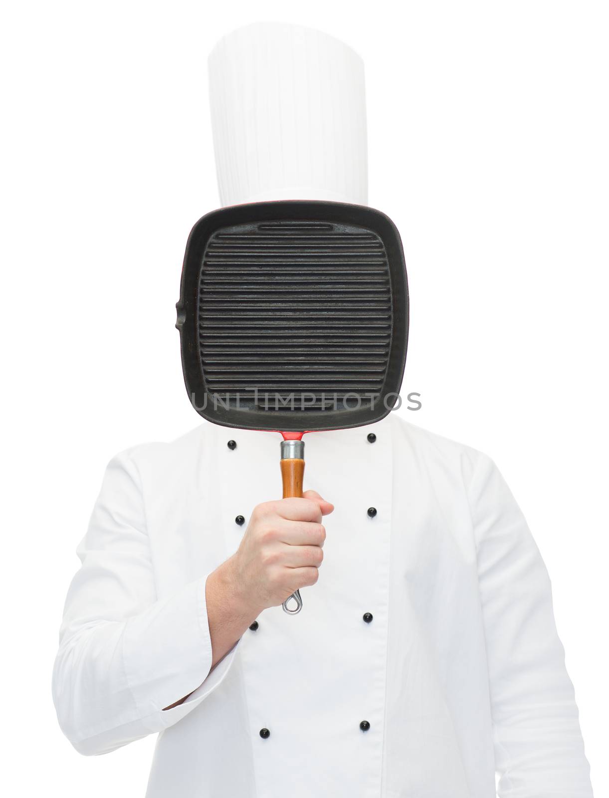 cooking, profession and people concept - male chef cook covering face or hiding behind grill pan
