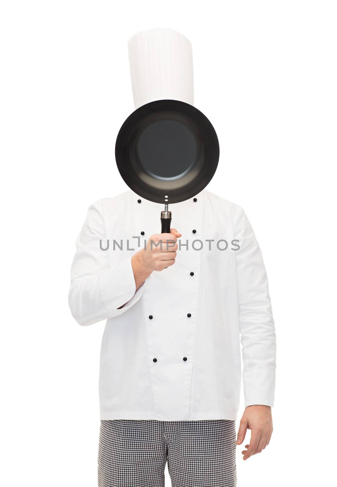 cooking, profession and people concept - male chef cook covering face or hiding behind frying pan