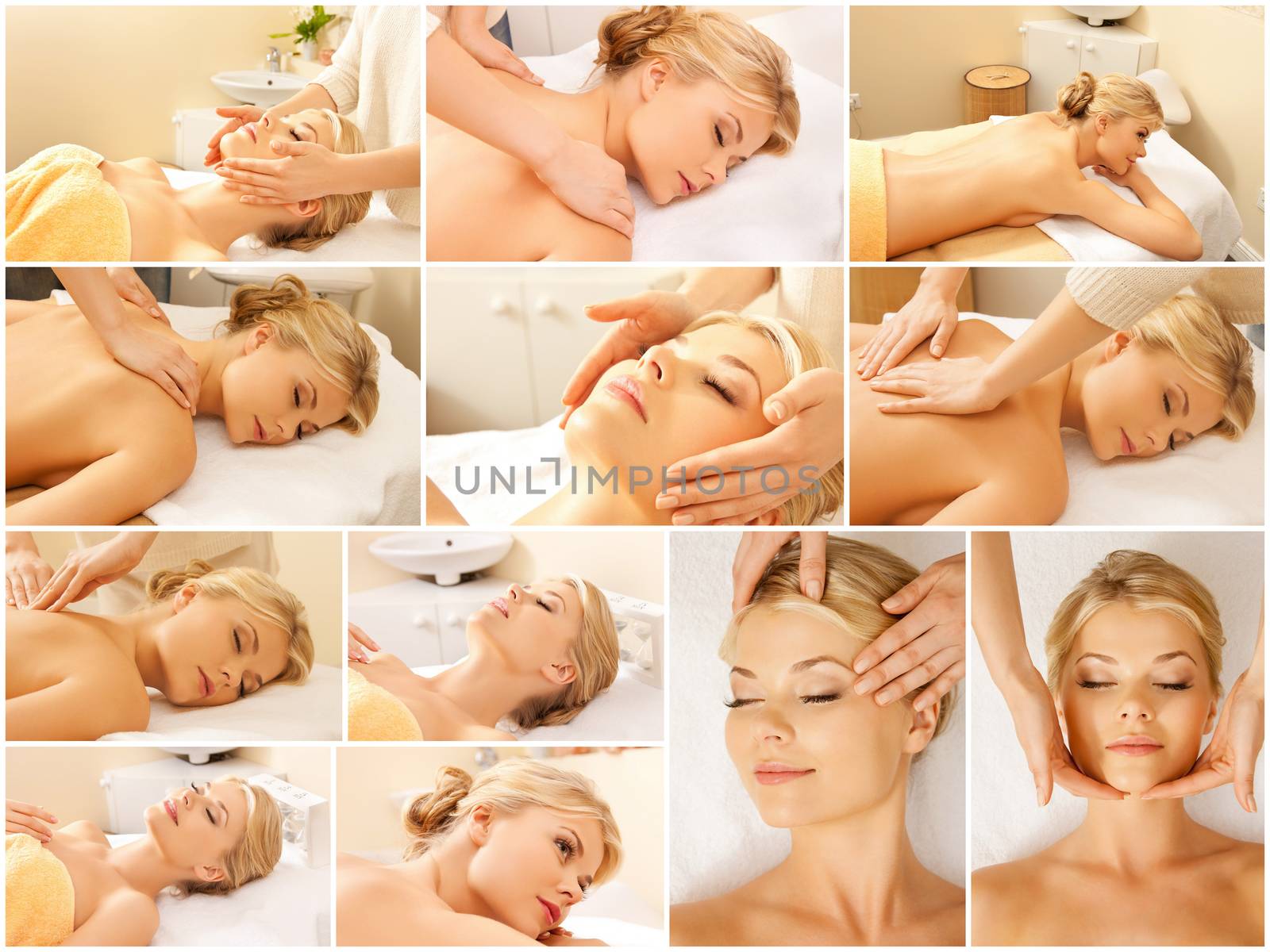 woman having facial or body massage in spa salon by dolgachov