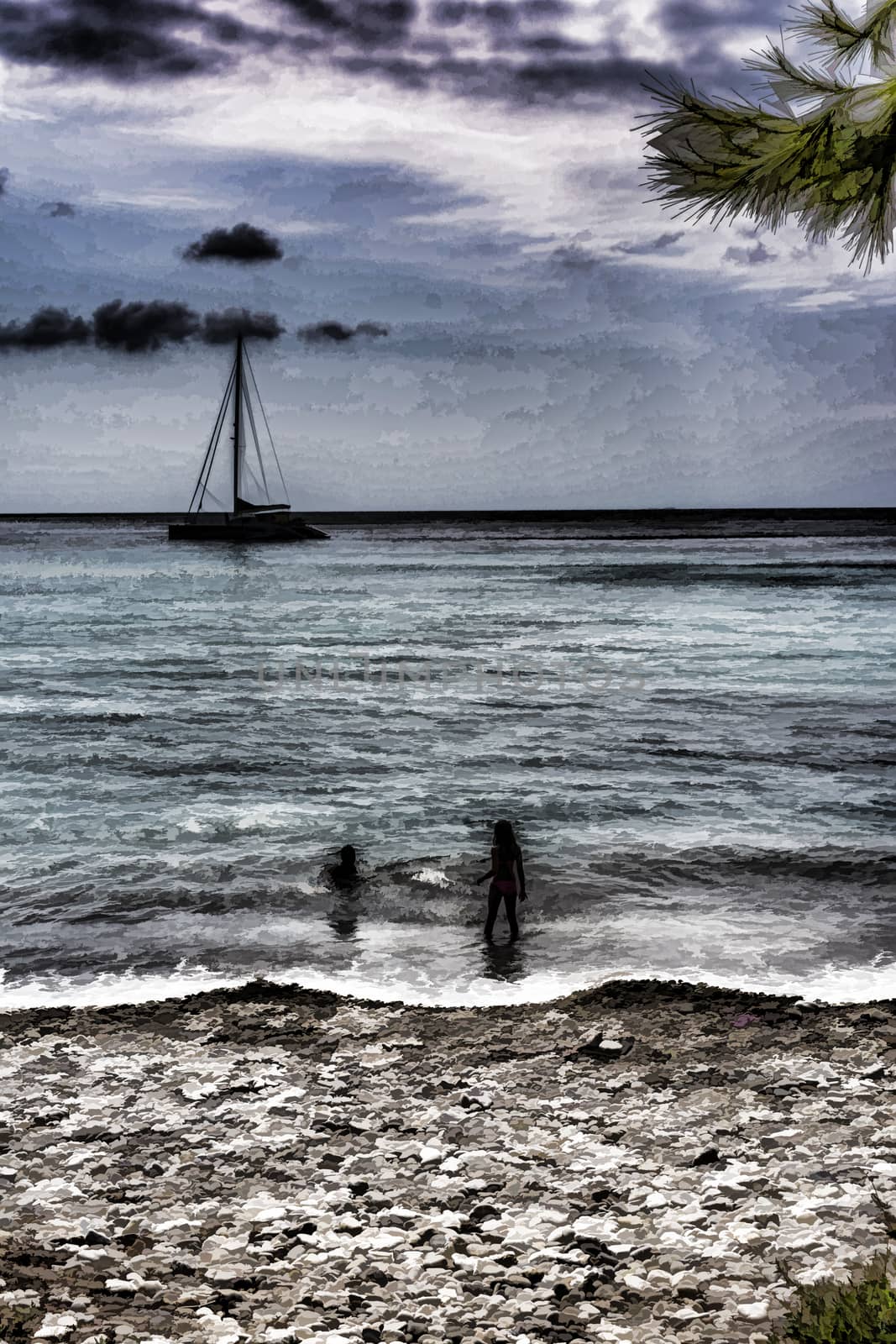 Two children playing at Summer Beach in front of a sailboat - painting effect