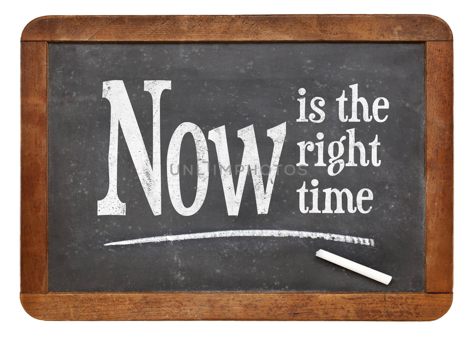 Now is the right time- motivational phrase on a vintage slate blackboard