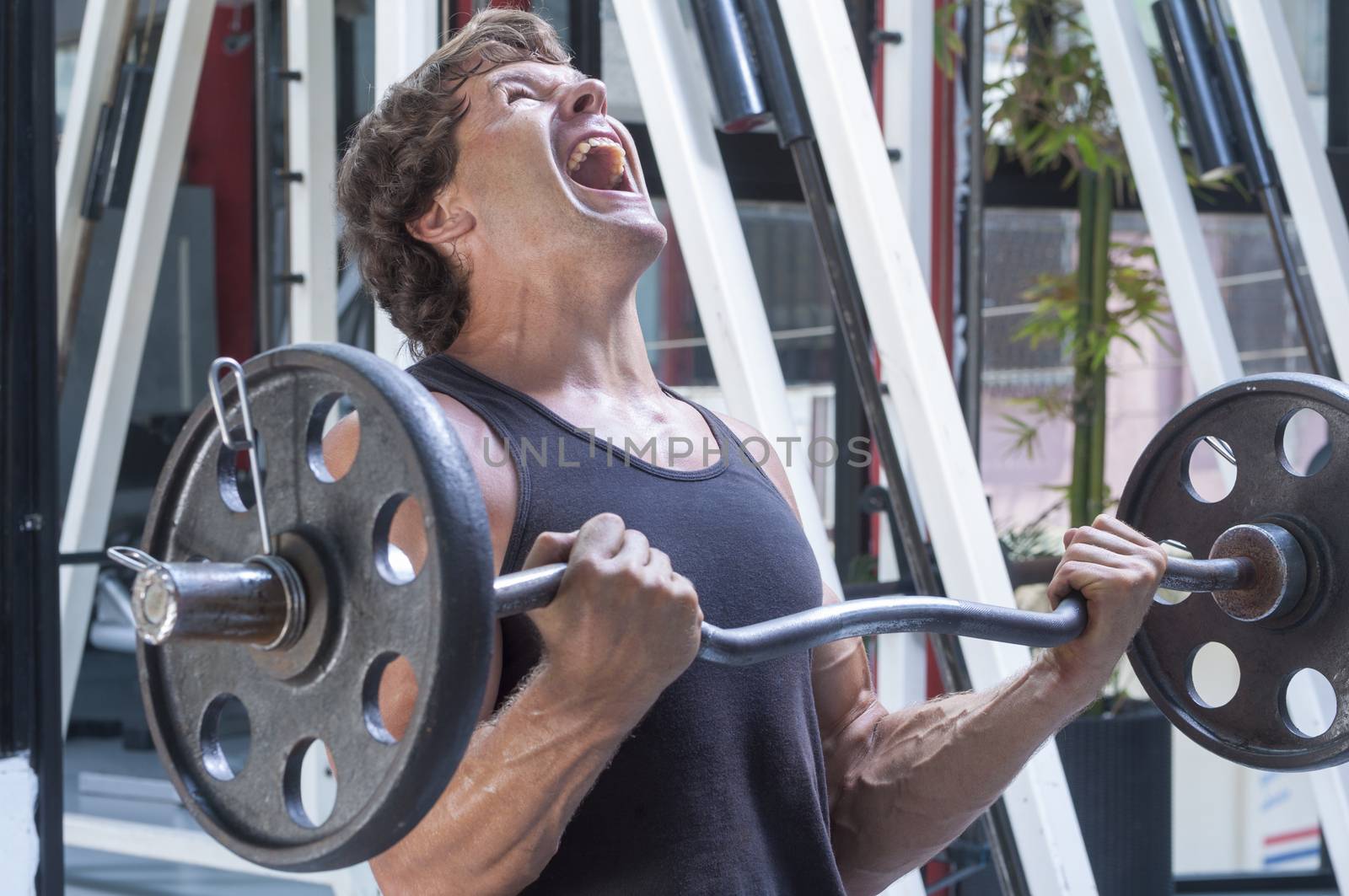 Muscular Caucasian man in tank top painfully struggles to complete repetition of arm curls in gym