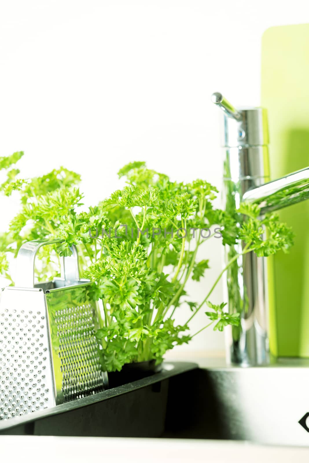 At kitchen: faucet, grater and fresh parsley by Nanisimova