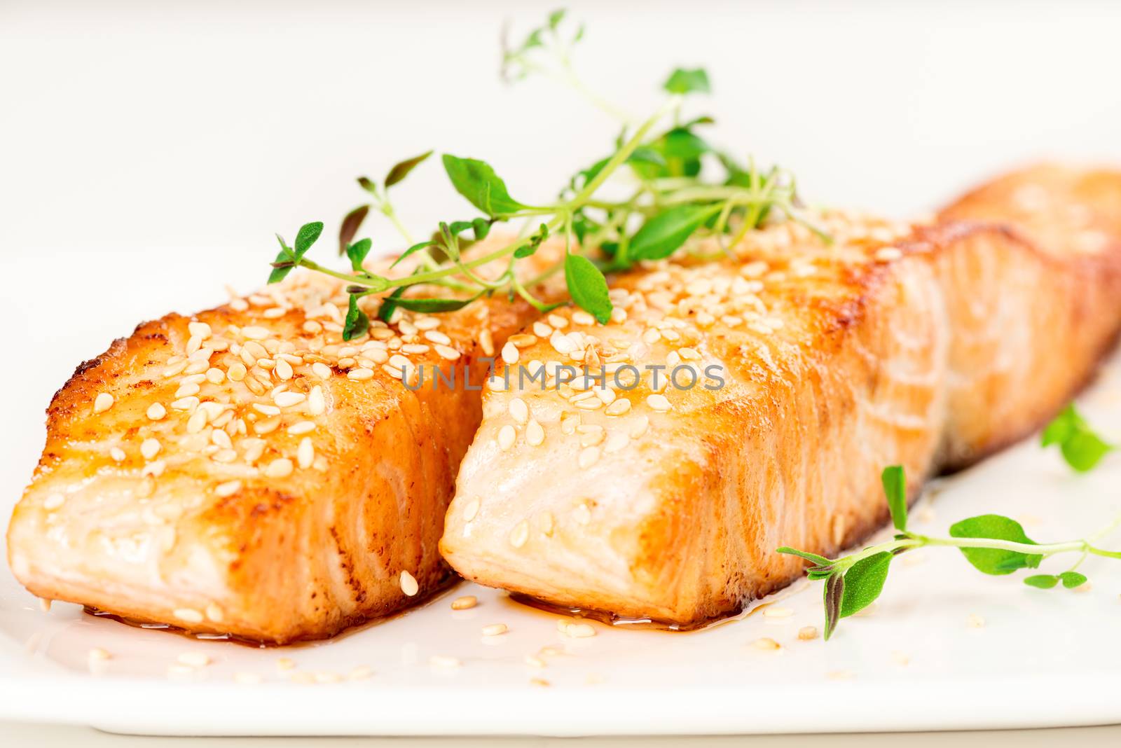 Grilled salmon, sesame seeds  and marjoram on white plate. Studio shot