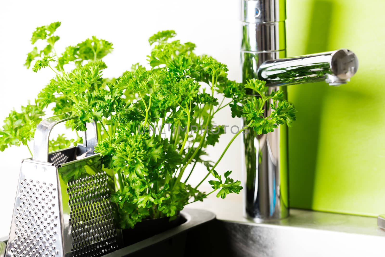 At kitchen: faucet, grater and fresh parsley