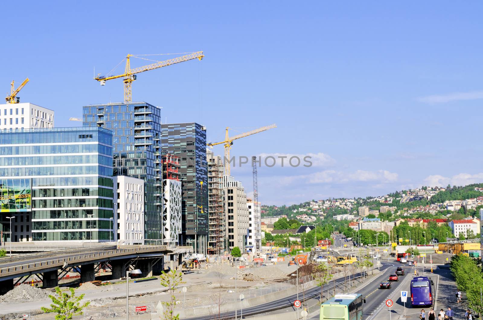 OSLO, NORWAY - MAY 22 2012: A view from the roof of Oslo Opera house to the Rostockergata office buildings, Bjorvika