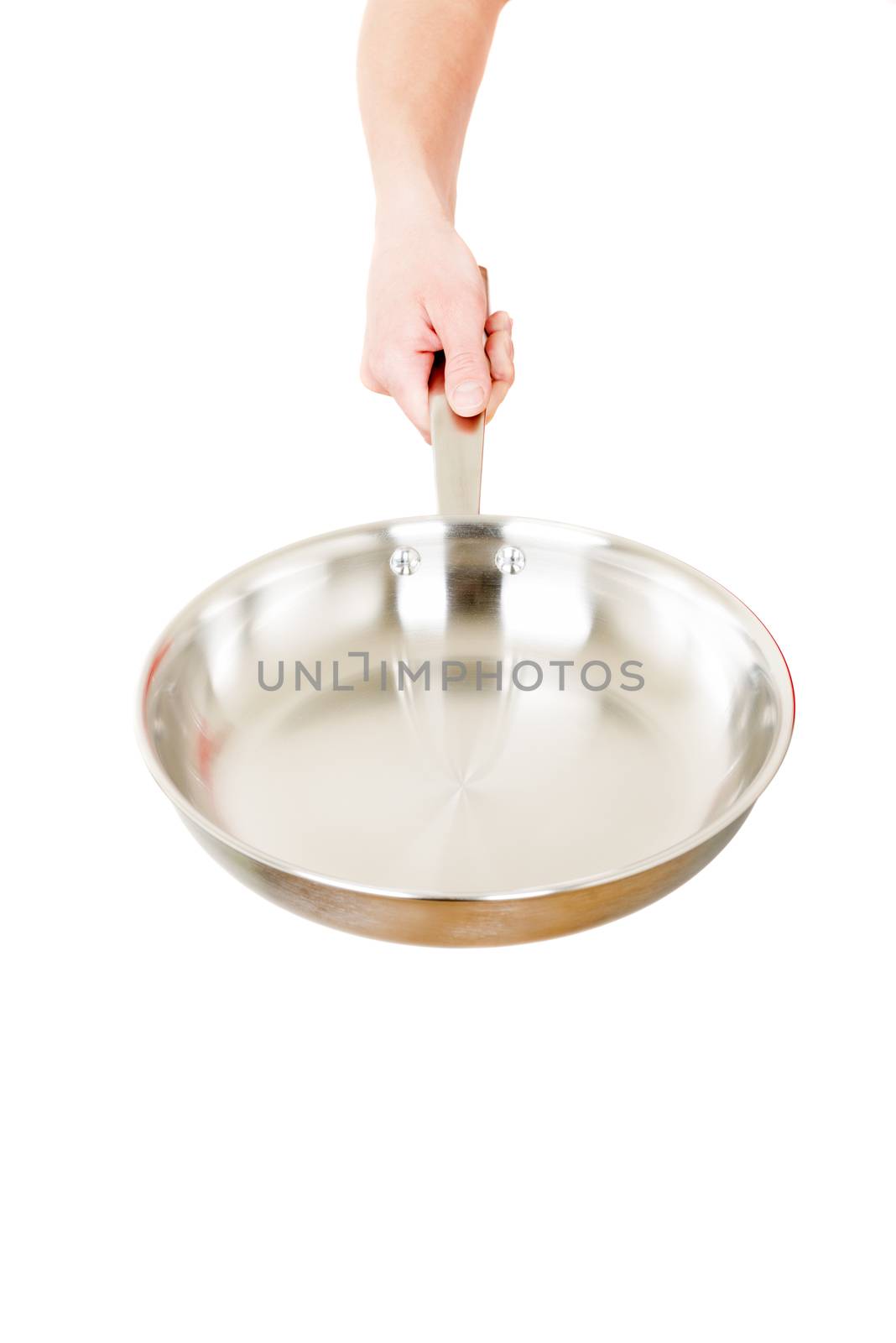 Steel frying pan hold by hand isolated on white background