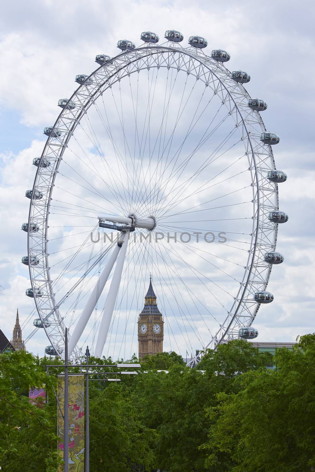 LONDON, UK - JUNE 15: London Eye framing Big Ben in the background. June 15, 2015 in London. Both London Eye and Big Ben are famous landmarks in London.