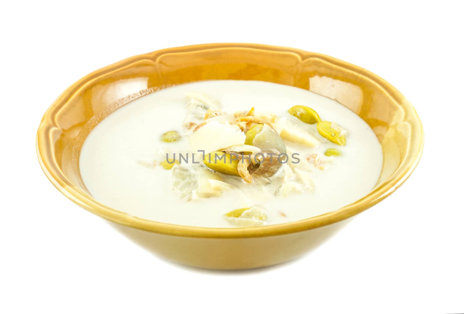 Soup made from coconut milk and vegetables, Isolated on white background