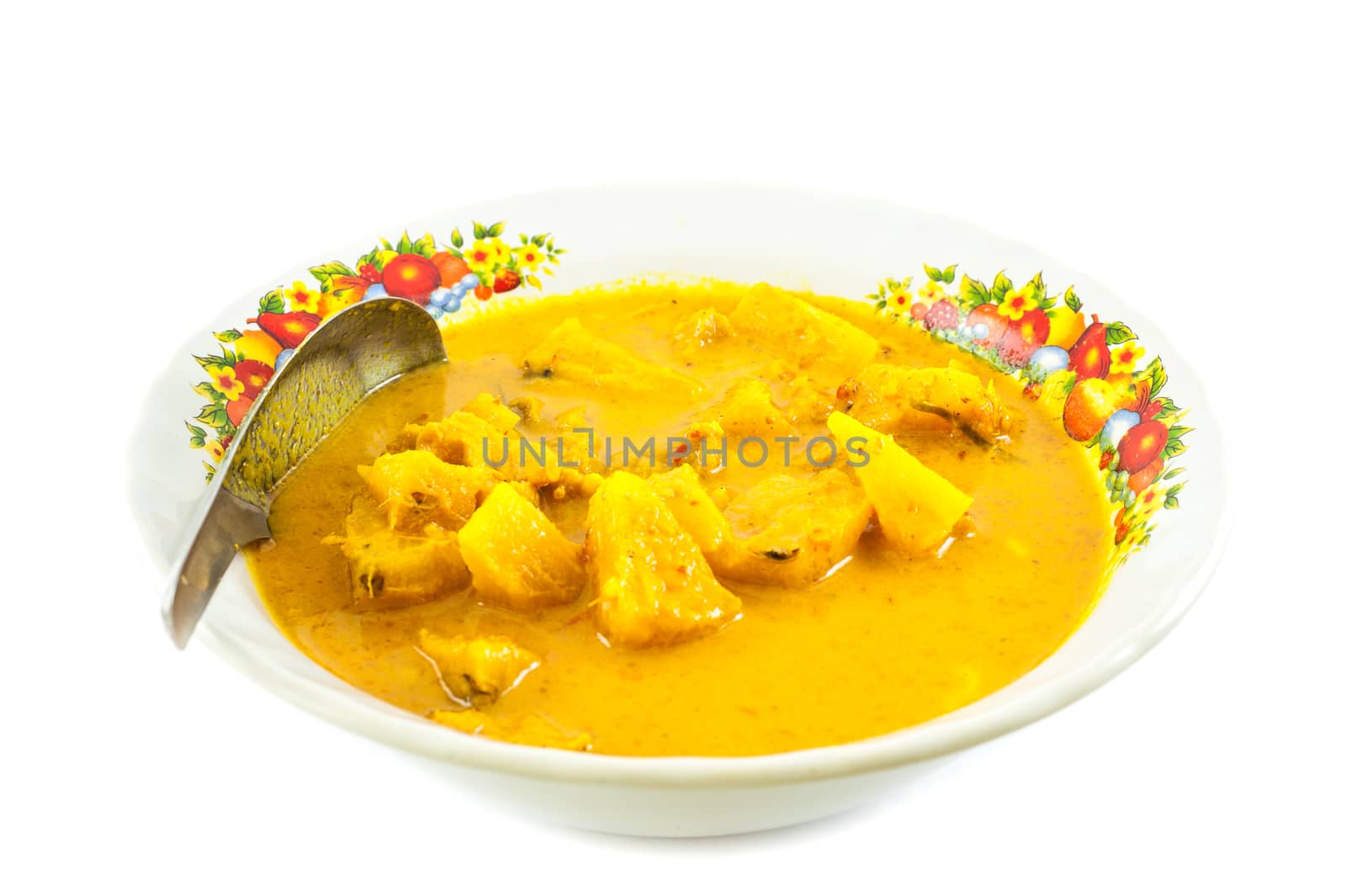 Curry pine apple with pork, Isolaed over white background