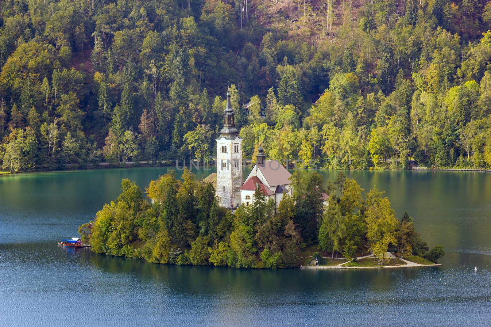 Catholic church on an island in the middle of the Bled lake in S by miradrozdowski