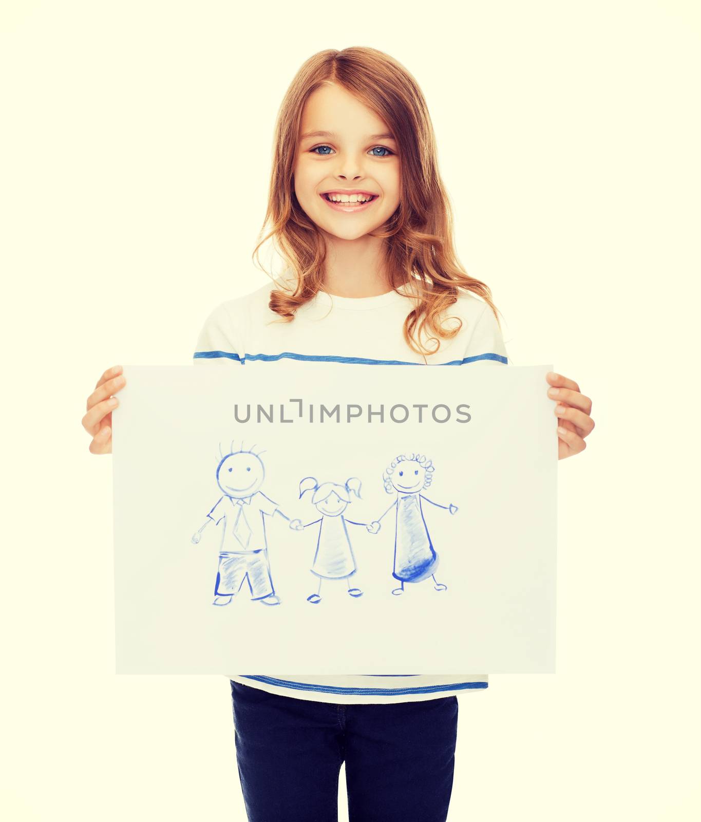 smiling little child holding picture of family by dolgachov