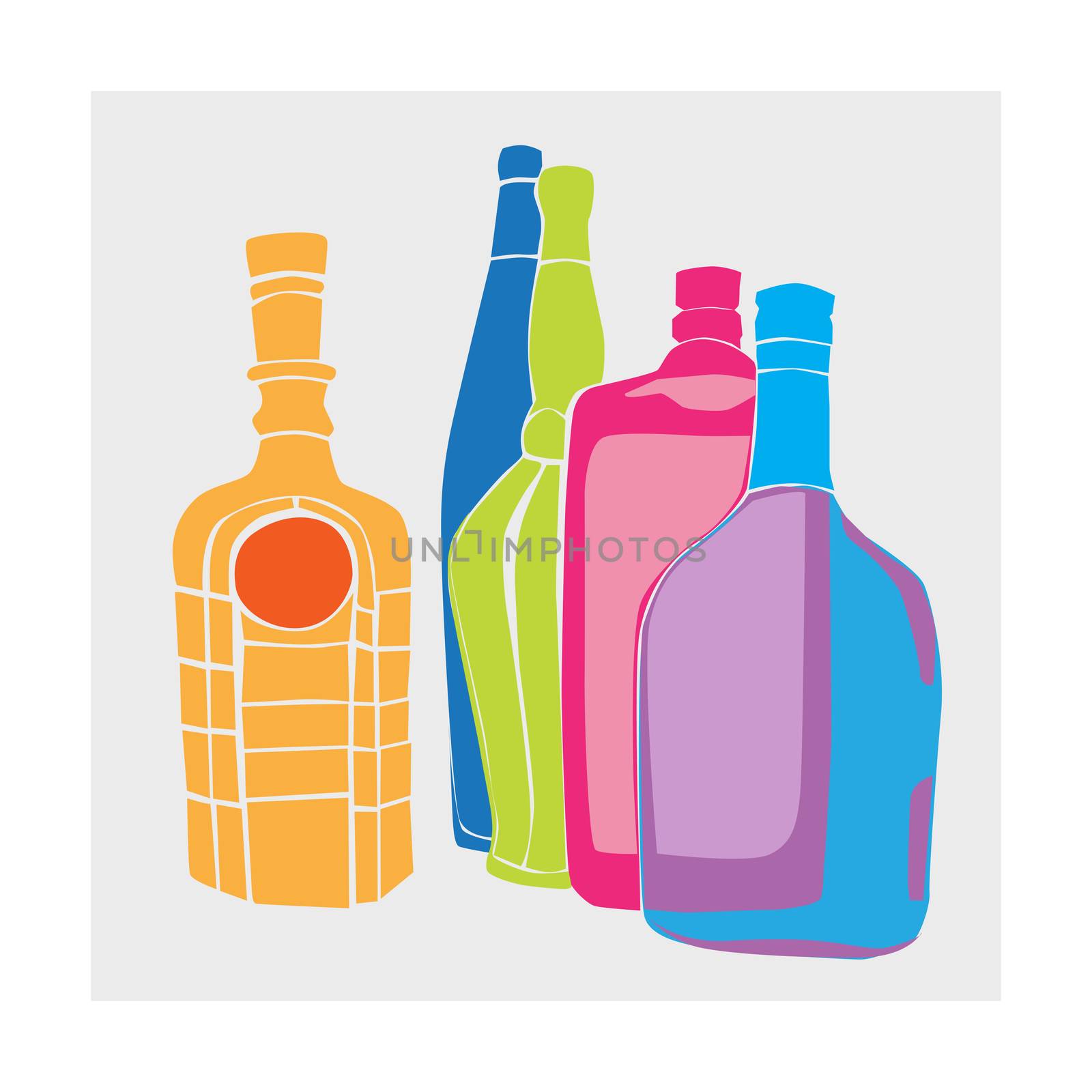 Cartoon hand drawn illustration of a group of bottles of alcohol, five objects colored composition