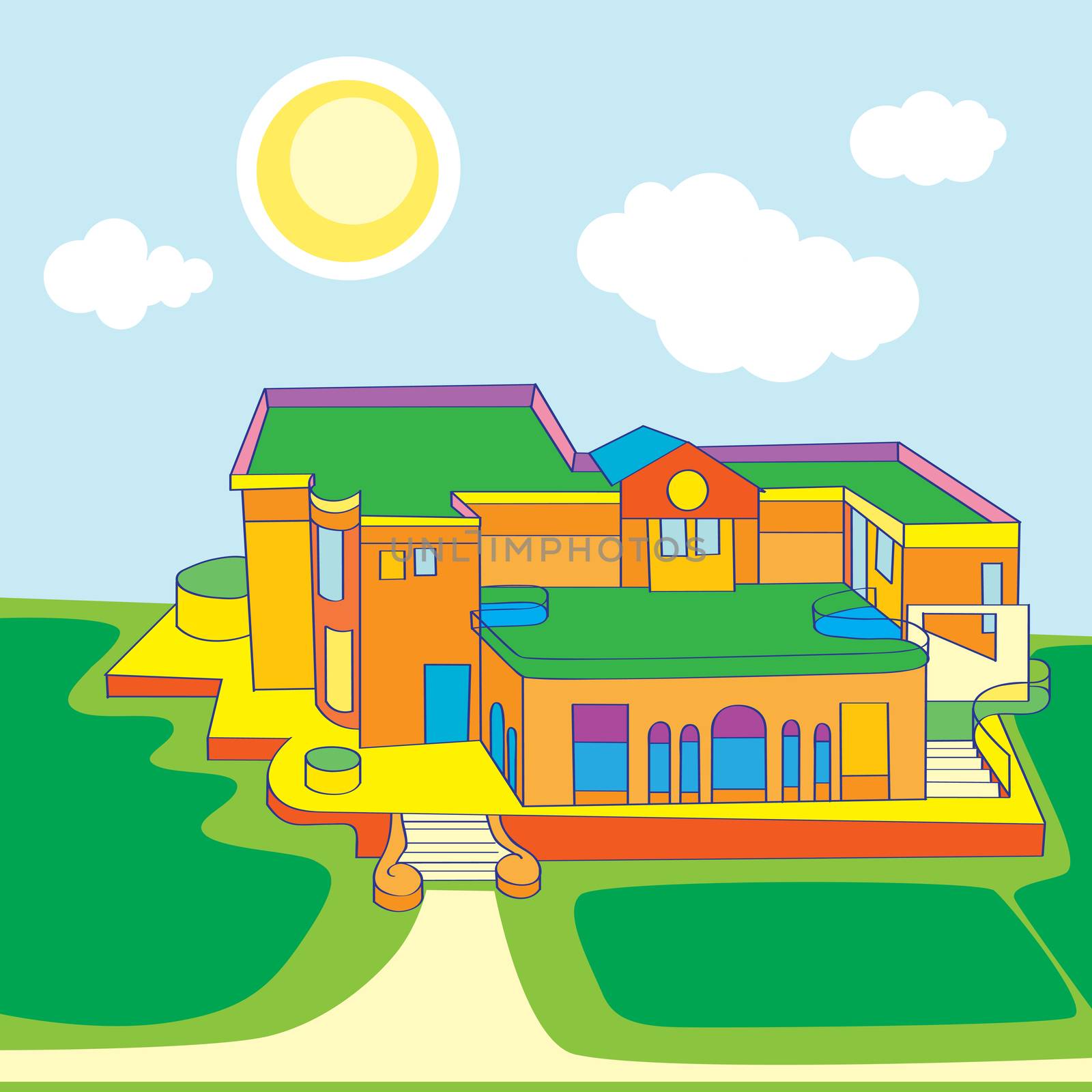 Cartoon illustration of a large view over a funny building under the sunny sky