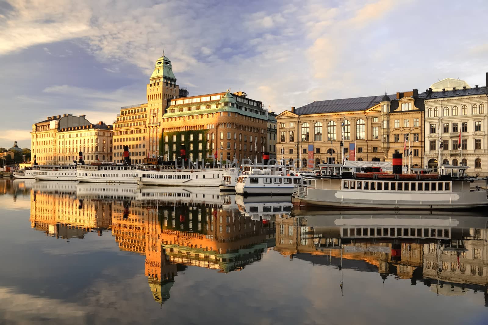 Stockholm embankment with boats.