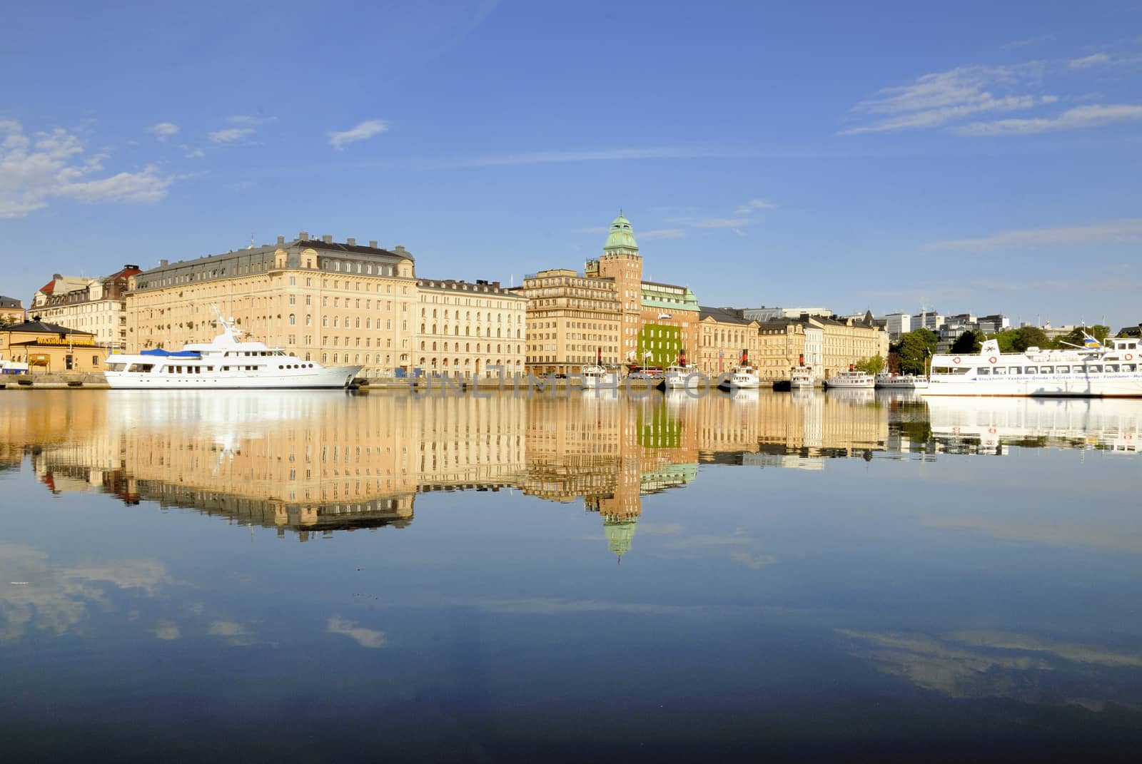 Stockholm embankment with boats.