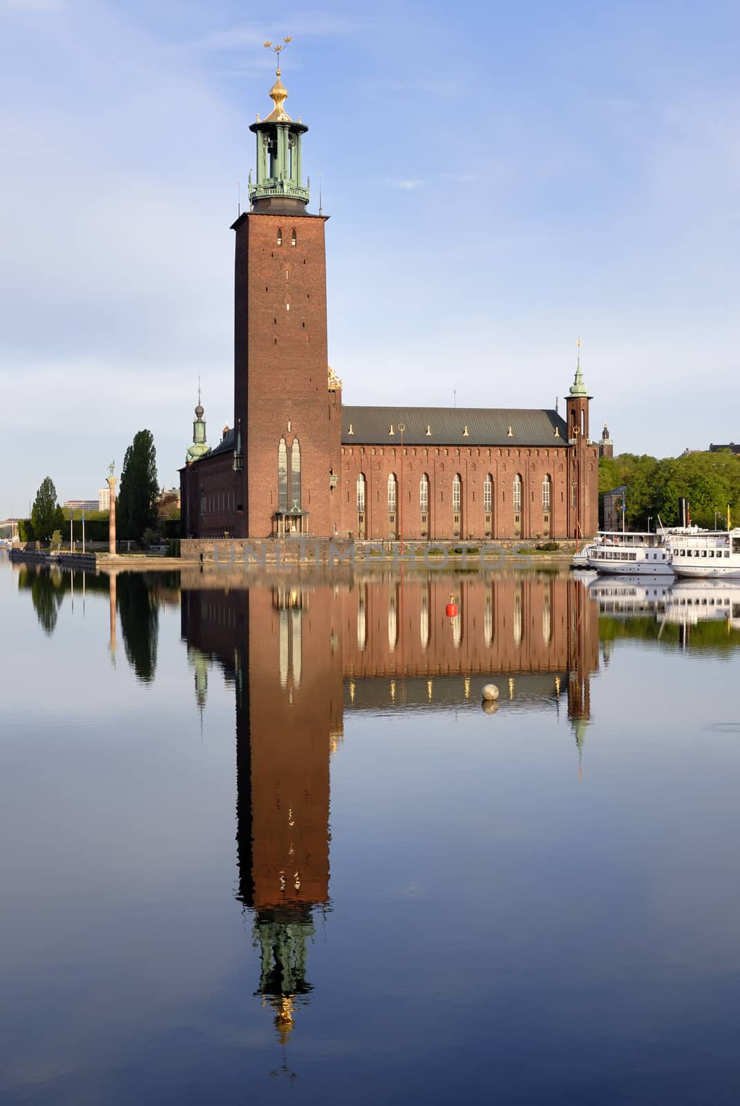 Stockholm City Hall with reflection on water.