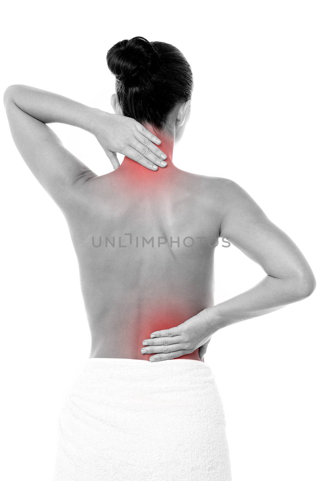 Painful woman back and neck indicated with red spot