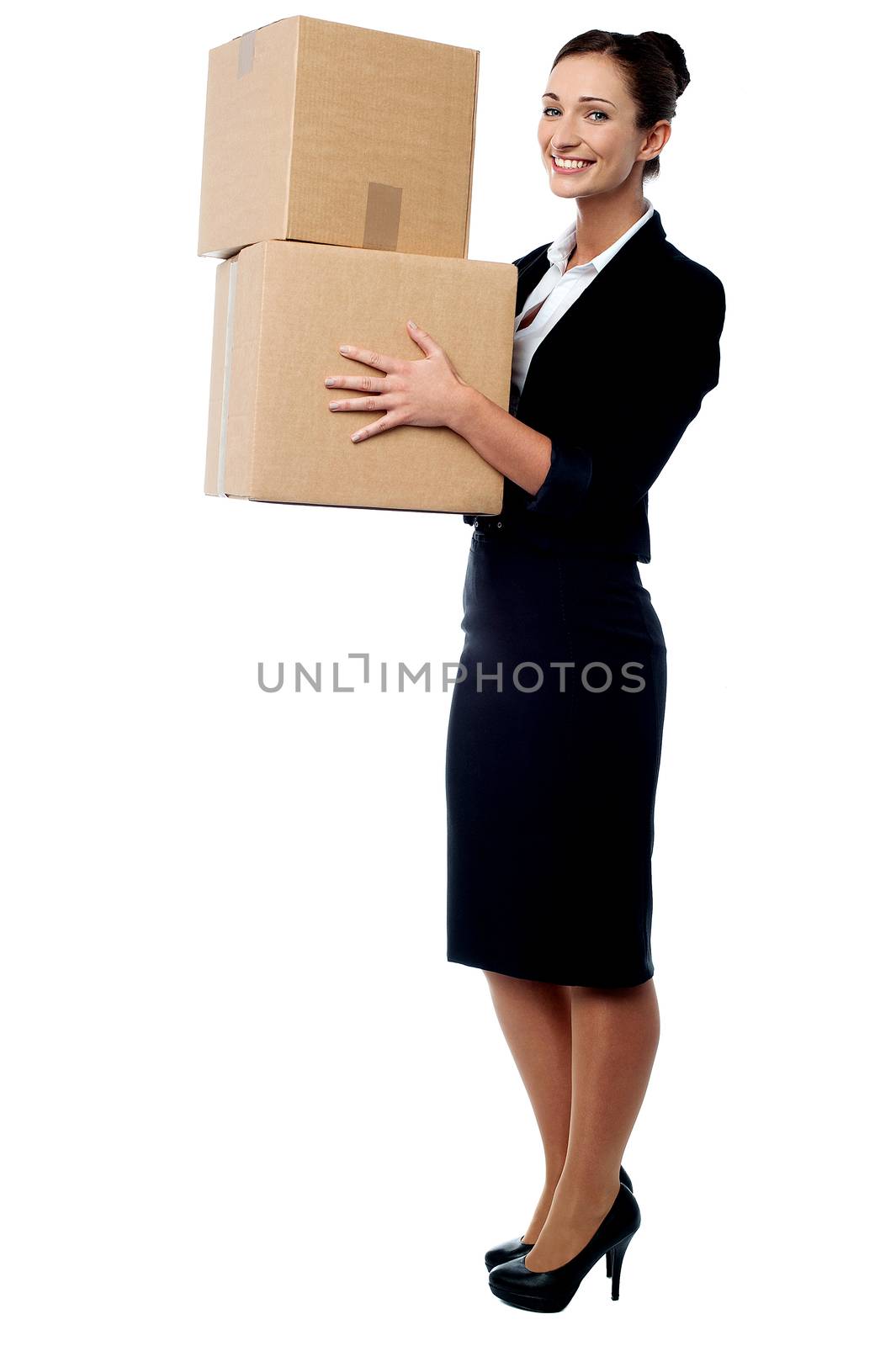 Corporate woman with a cardboard boxes in hand