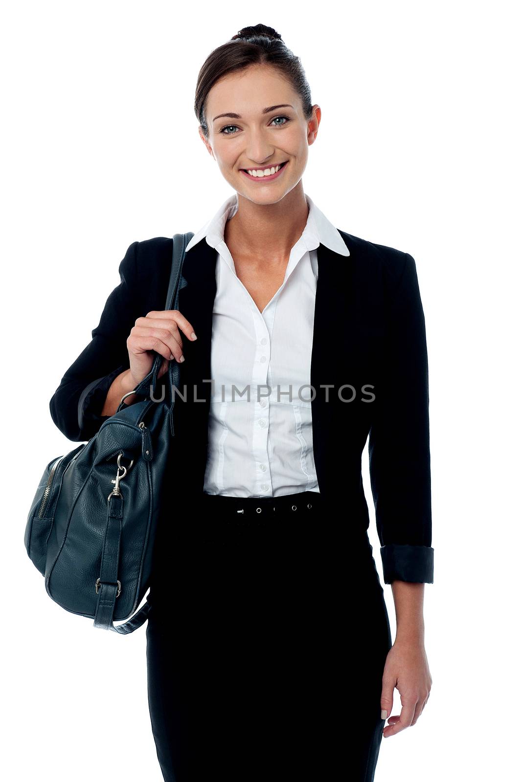 Smiling business woman holding a handbag