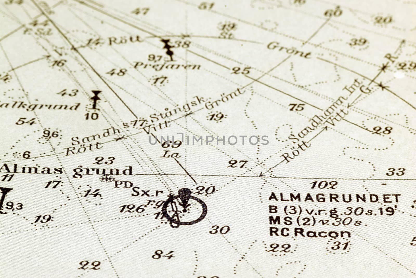 Macro shot of a very old marine chart, detailing Stockholm archipelago with the ground "Almagrundet" in focus.