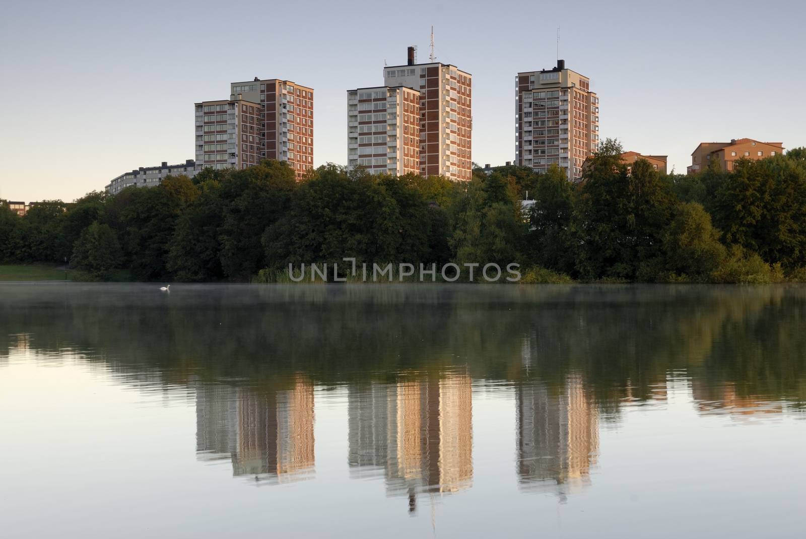 Apartment buildings in lke Trekanten in Stockholm area.