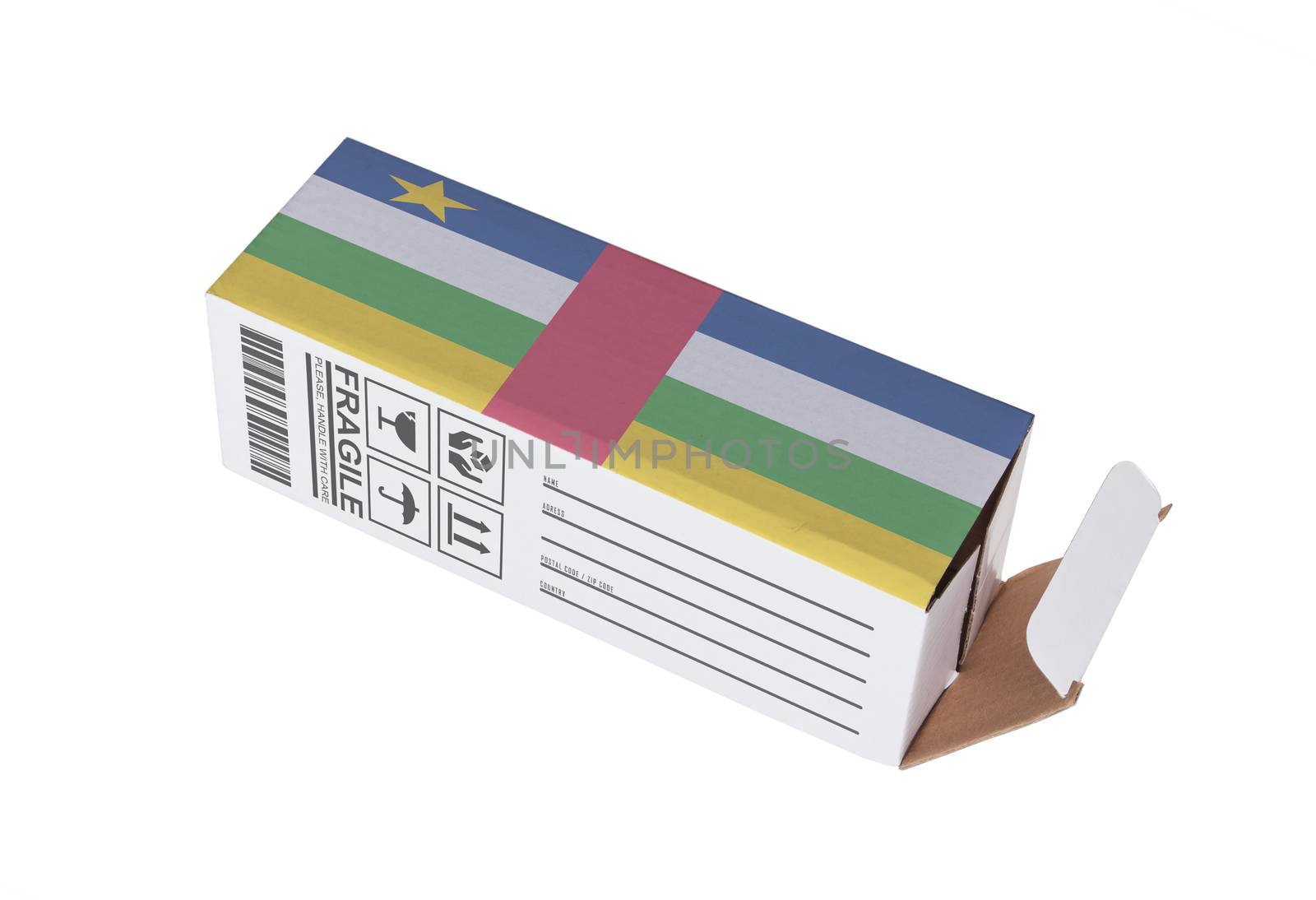 Concept of export, opened paper box - Product of the Central African Republic