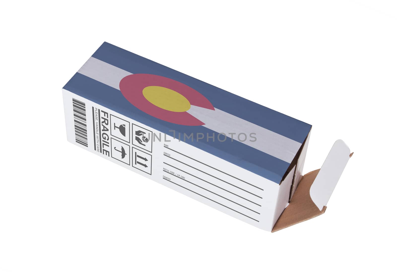 Concept of export, opened paper box - Product of Colorado