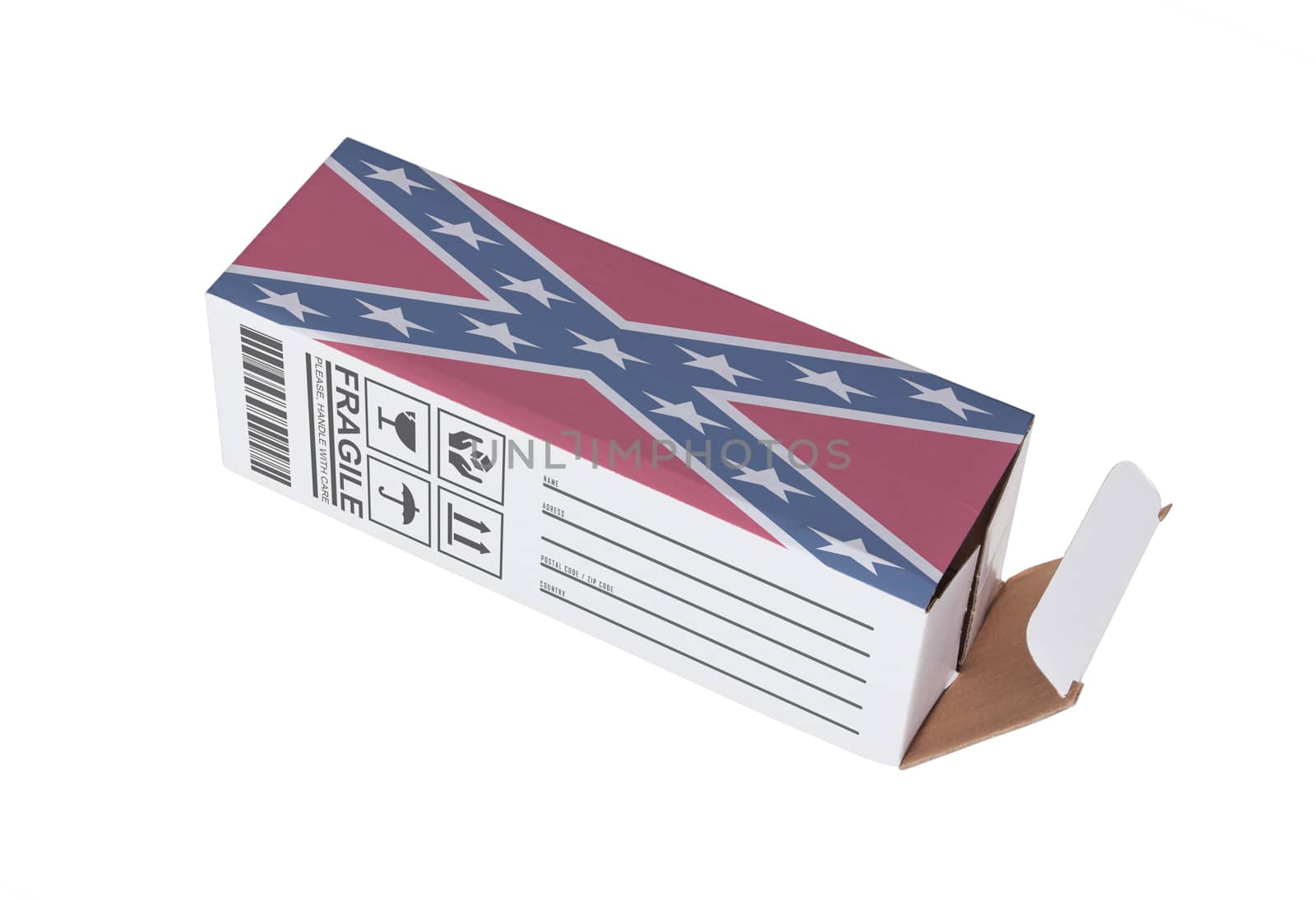 Concept of export, opened paper box - Product of the USA