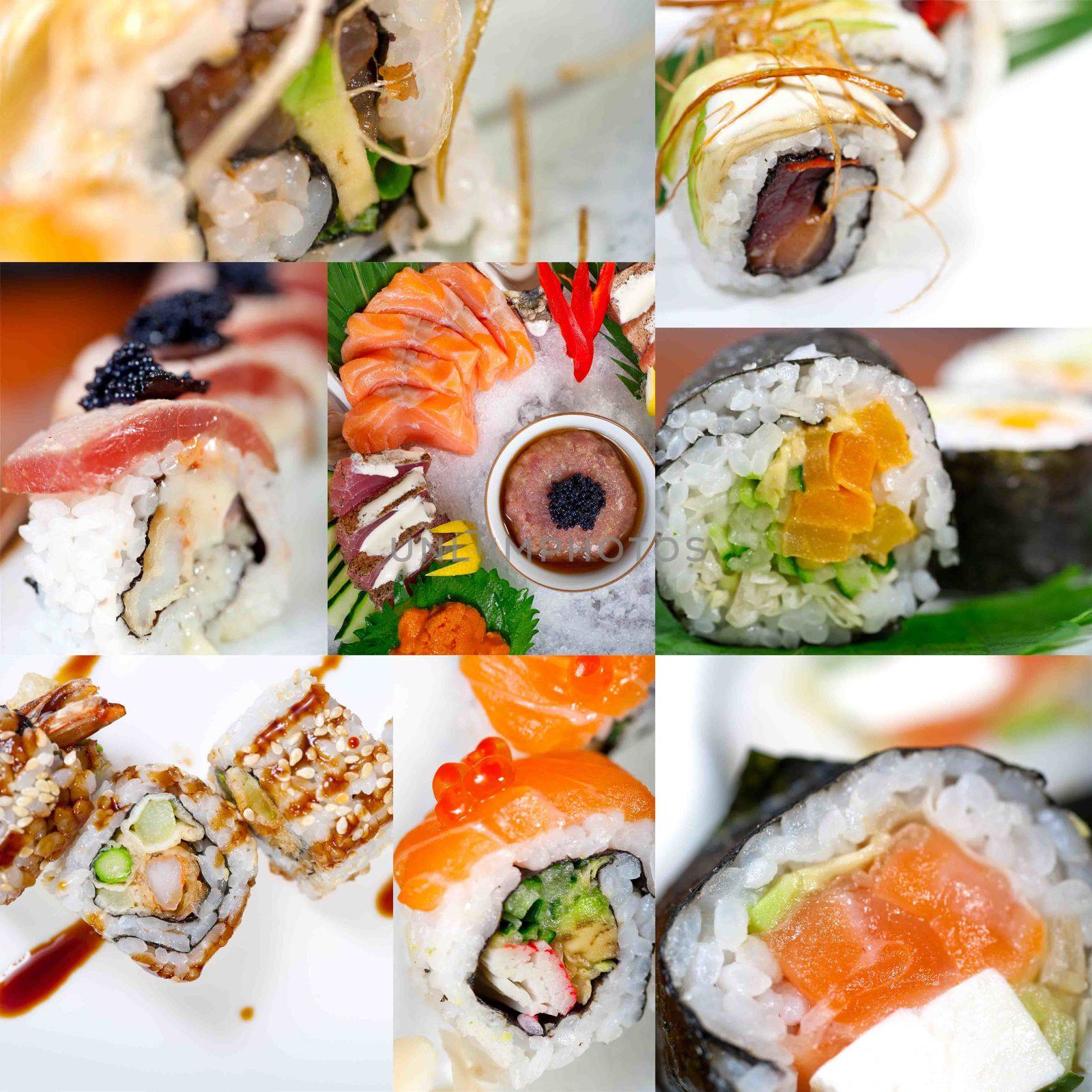 selection of many Japanese sushi dish collage over white frame 