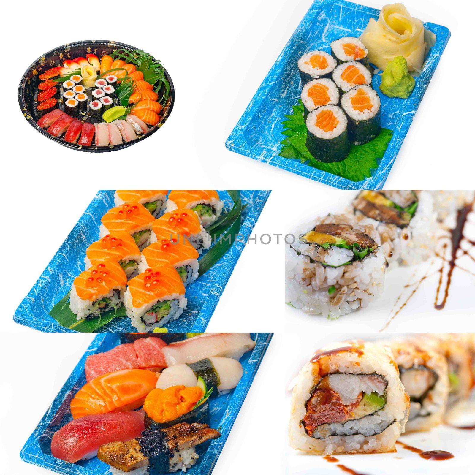 selection of many Japanese sushi dish collage over white frame 