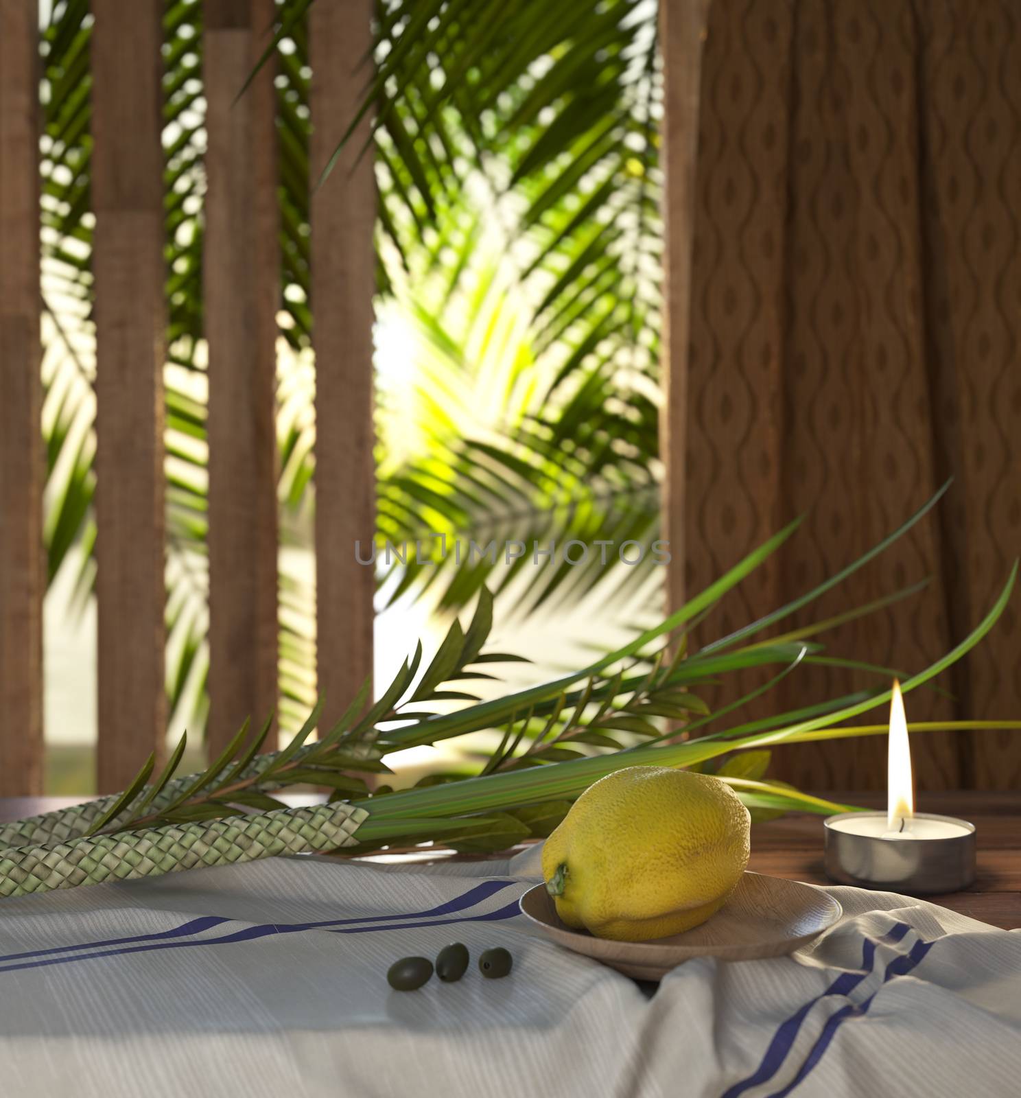 Symbols of the Jewish holiday Sukkot with palm leaves and candle by denisgo