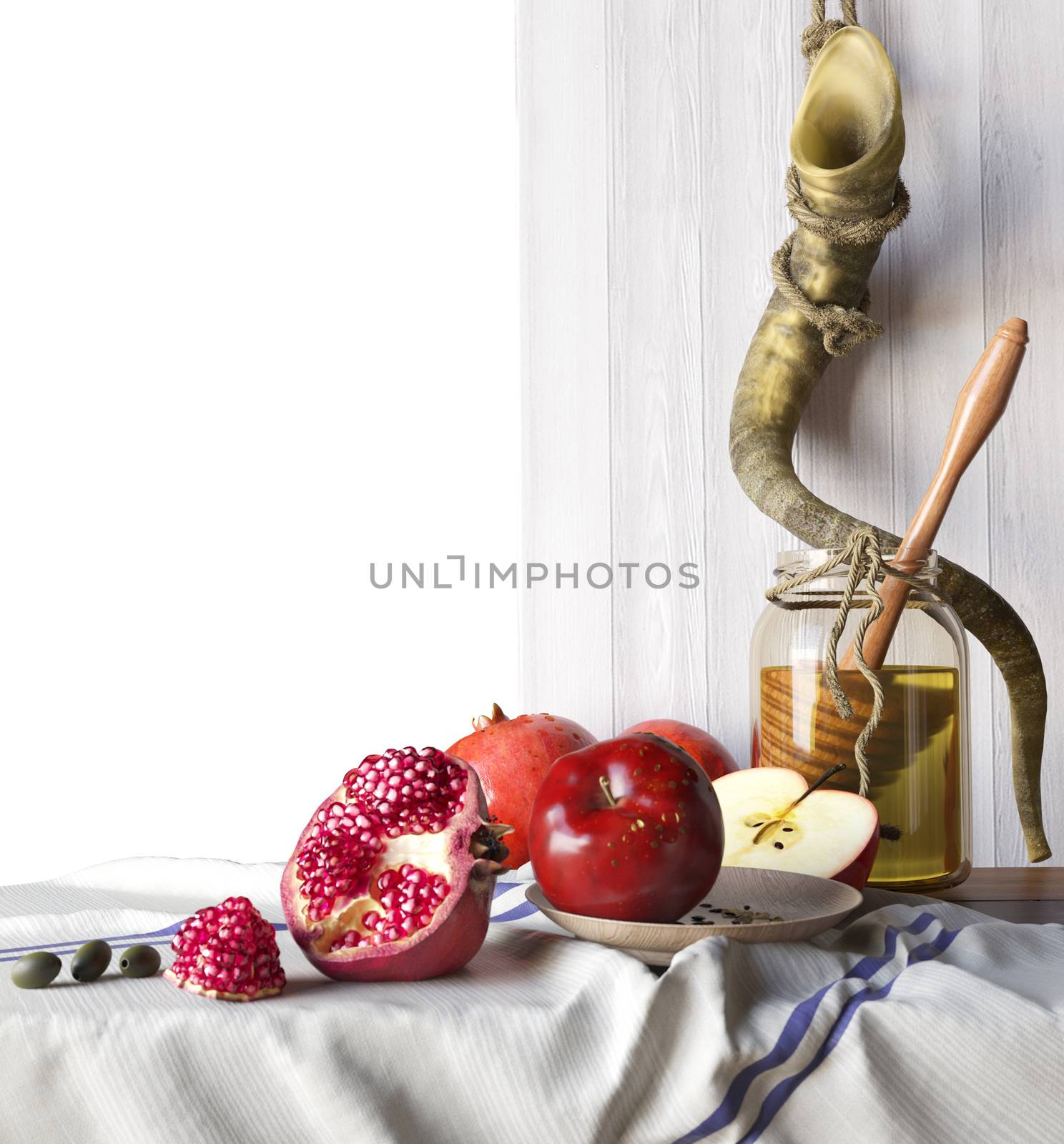 Symbols of the Jewish holiday Sukkot with palm leaves and candle