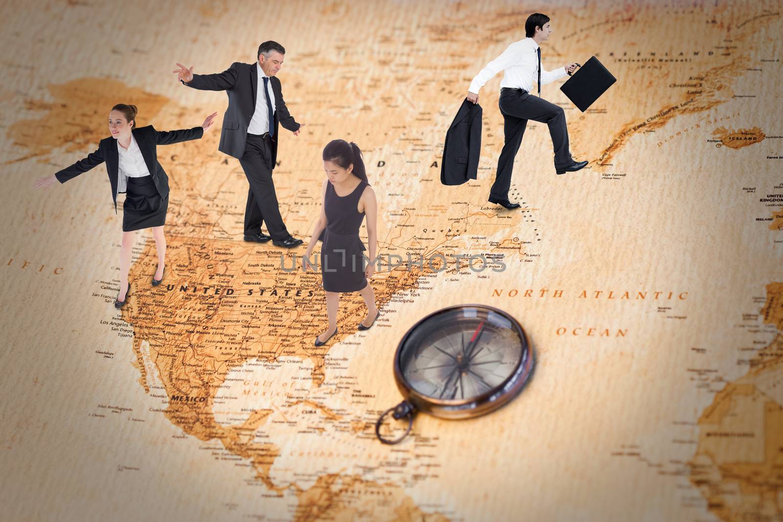 Businesswoman performing a balancing act against world map with compass showing north america